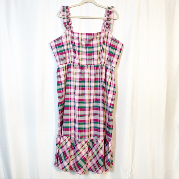 Torrid Midi Poplin Tiered Ruffle Strap Dress Cotton Plaid Pink Green Size 3 - Picture 2 of 12